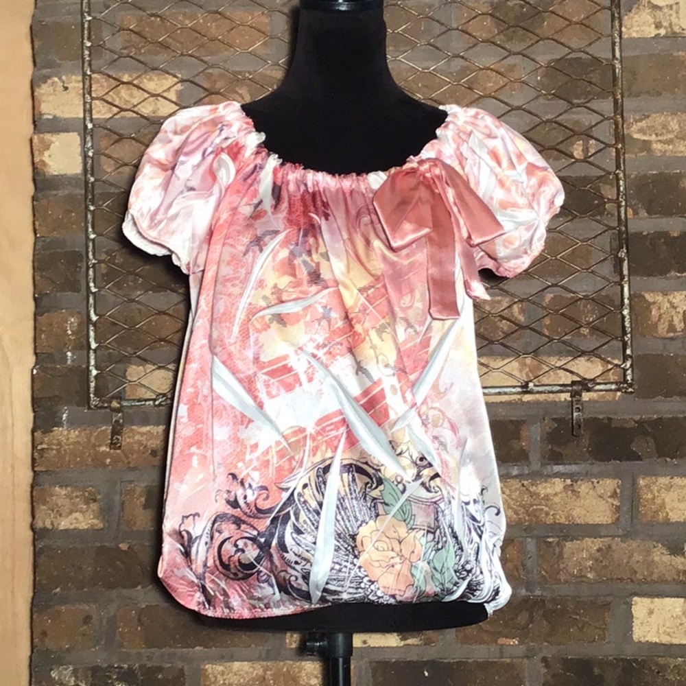 Simply Irresistible elastic waistline blouse pink floral with drawstring bow M